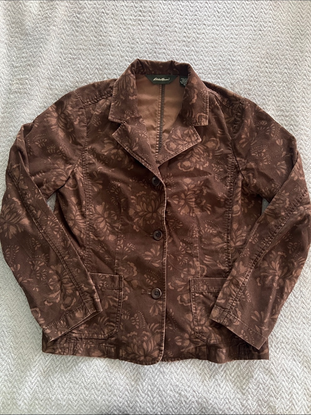 Eddie Bauer Dark Brown Floral Corduroy 3 Button Fall Blazer Size 10 Petite